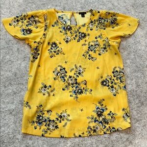 Ann Taylor Yellow Cap Sleeve Blouse with Navy Floral Design